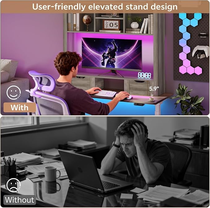 Desk Shelf with Computer Monitor Stand, 37.4''W Desktop Bookshelf | Display Rack, Desktop Organizer Storage Rack with Cubbies & Drawers, 5-Tier Hutch for Home, Office, Dorm, Vanity, Grey