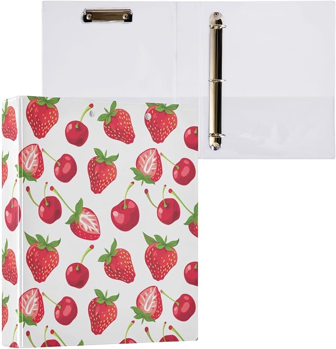 3 Ring Binder Strawberry Berry Fruit 1.5 inch Binders Three Ring Binders with Clipboard Fit 8.5'' x 11'' Paper 3 Interior PVC Clear Pockets for Office Supplies