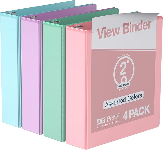 Pack of 4 Premium View Binders, Ring Binders with Clear-View Cover and Interior Pockets, Pastel Color Options, 2 Inch, Assorted