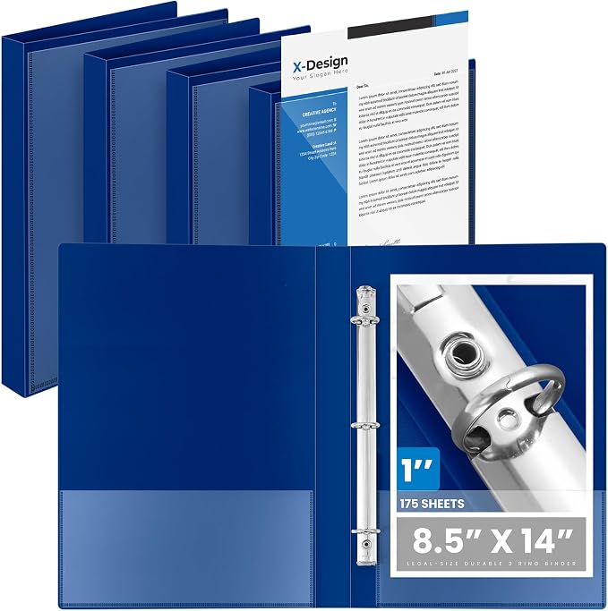 Henoyso 4 Pcs 1" Legal Size PP Plastic Binders with View Cover, Durable 3 Ring Blue Binders for 8.5" x 14" Paper, Hold up to 175 Sheets for Documents, Office, Home, Work Places