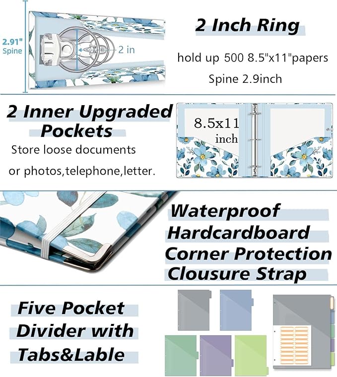 2 Inch 3 Ring Binder Organizer, Three Ring Binders with Clipboard, 5-Tabs Pockets Dividers, Plastic Folder, 18 Divider Stikers, KLLVE Decorative Binder with Pen Loop (Blue Flora, Letter Size)