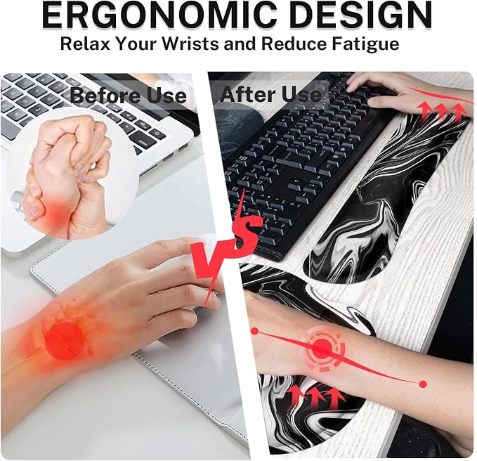 Keyboard Mouse Pad Set, 4 in 1 Desk Mat Set, Black White Marble | Large Mousepad+Keyboard Wrist Rest+Mouse Wrist Rest+Coaster Ergonomic Design for Home Office Computer