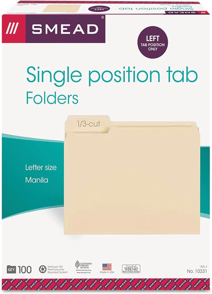 Smead File Folder, 1/3-Cut Tab, Left Position, Letter Size, Manila, 100 per Box (10331)