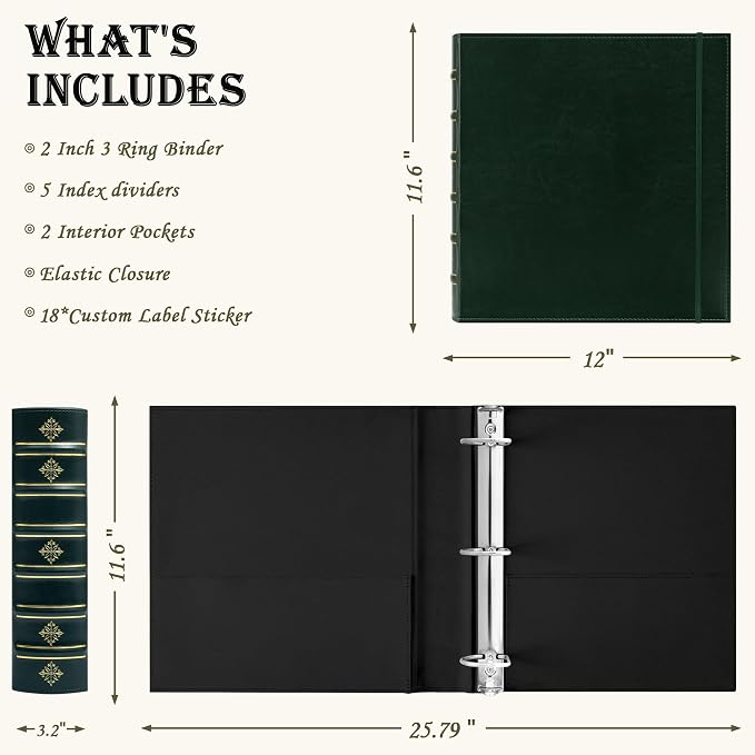 Ospelelf Vintage 3 Ring Binder 2 Inch, Leather D Ring Binder with Pockets and 5 Tab Dividers, Hardback Book Style Document Organizer Fits Letter Size for Home and Office Green