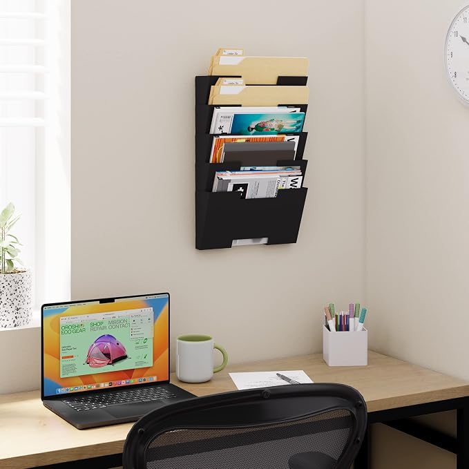 Wallniture Lisbon Wall Mounted File Holder Organizer, 5-Tier Metal Office Organization and Storage Rack, Wall Mount File Holder, Magazine Holder and Office Decor, Black