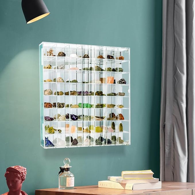 Adjustable Seashell Display Case Box Large Rock Fossil Arrowhead Case | Crystal Organizer Clear Wall Mounted & Desktop 56 Room Shadow Box for Mini Pop Figure, Collectibles, with Mirrored & Lid
