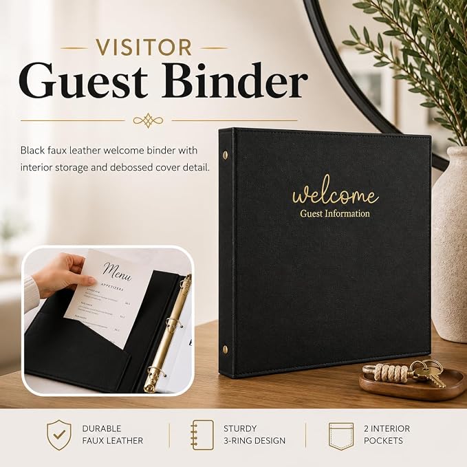 Paper 'n Such Welcome Binder for Short Term Rentals – Black Faux Leather 3 Ring Folder for Airbnb, Vacation Home, House Manual & Guest Information - Letter Size