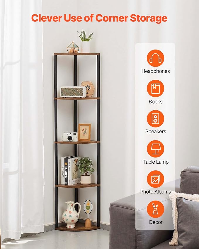 VEVOR 5 Tier Corner Shelf with LED Light, 64" Tall Corner Bookshelf with Storage Shelves for Collectibles, Display Shelf with Multi-Color Lights Controlled Via RC/APP for Bedroom, Living Room, Office