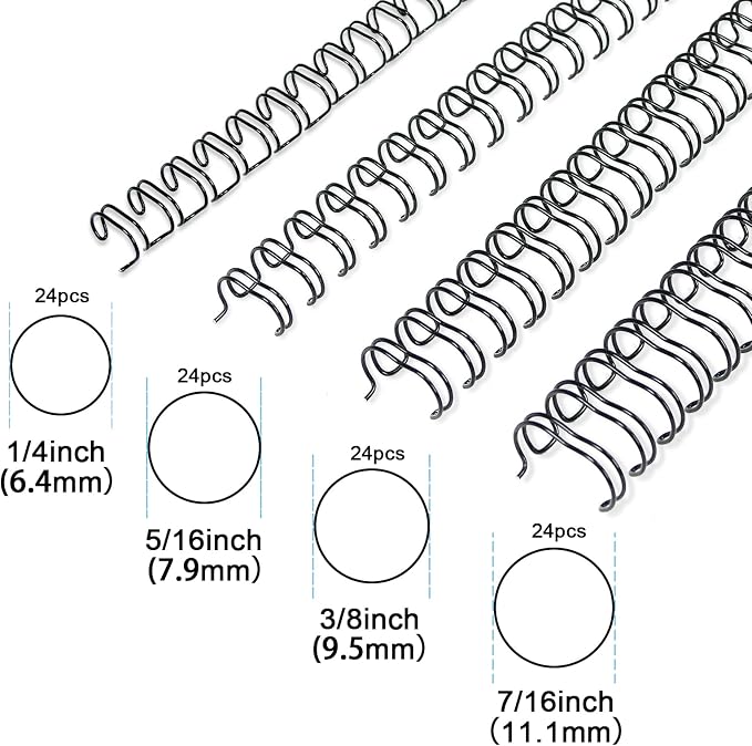 Rayson Wire Binding Spines, 3:1 Pitch, 32-Loop Black, Small Sizes, 96 Pack | Includes 24 pcs each: 1/4", 5/16", 3/8" and 7/16"; ideal for Letter-size reports, manuals and presentations.