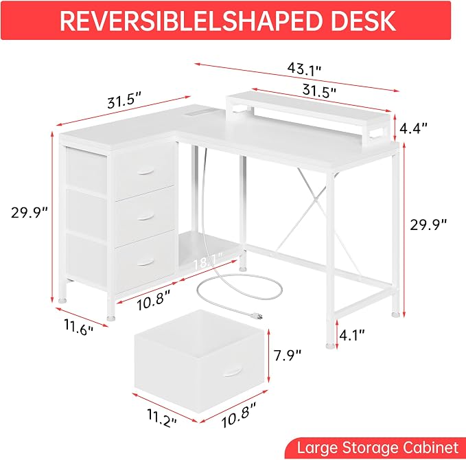 Hetoy L-Shaped Gaming Desk with Power Outlets, Corner Desk with Drawers, Shelves & LED Lights, Computer Desk for Home & Office