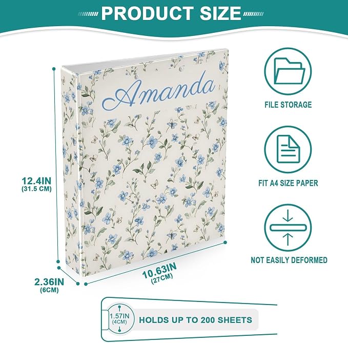 Custom Personalized Name Blue Flowers Pattern 3 Ring Binder 1.5 Inch