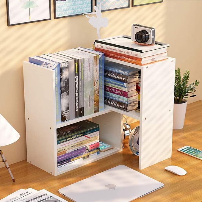 Expandable Desktop Bookshelf & Desk Organizer Shelf - Wooden Table Top Storage Organizer with Shelves, Corner Storage Rack, Small Desk Hutch for Dorm, Office, Home, Study Desk Accessories