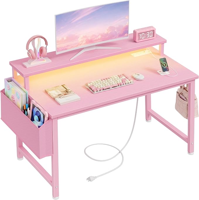 Lufeiya Small Girls Desk with Power Outlets and LED Lights, 32 Inch Gaming Desk Table with Charging Station, Home Office Computer Desks with Monitor, Pink