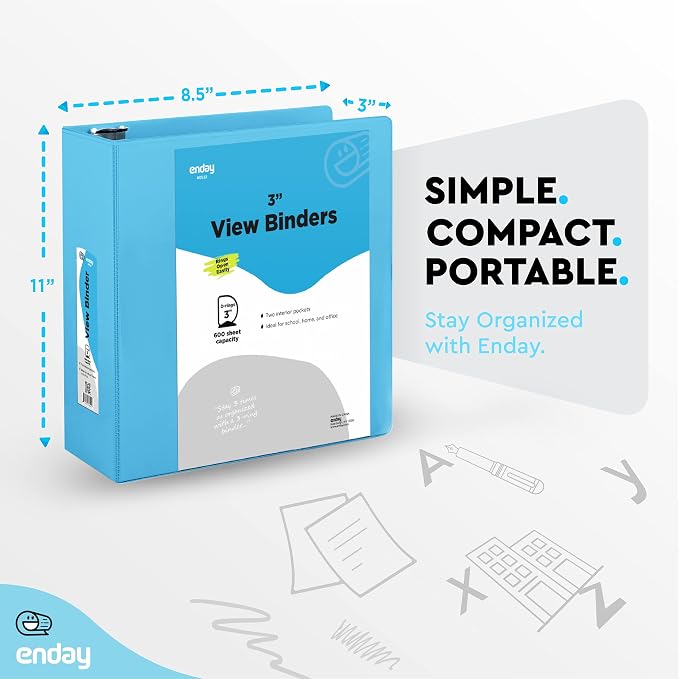 Enday 3 inch Binder (12 Pack - Blue) 3 Ring Binder 3 inch with Clear View Cover and 2 Inside Pocket - for Letter Size 8.5 x 11'' Paper, Ideal for School Supplies, Office, and Home