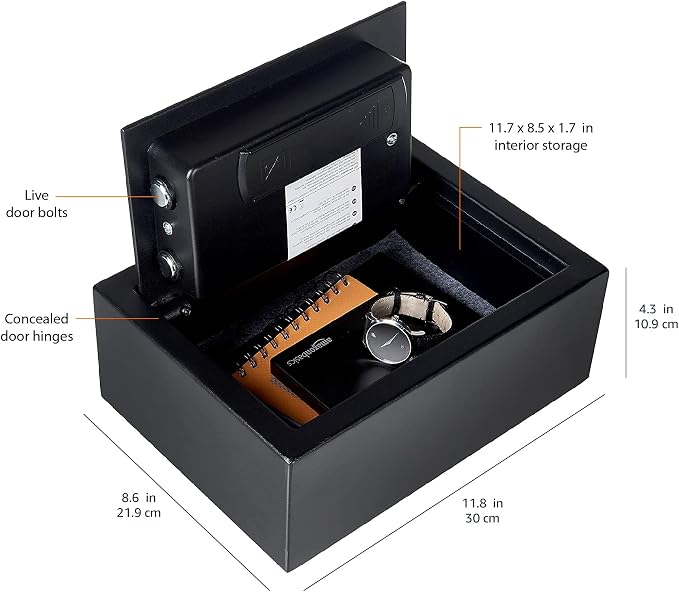 Amazon Basics Small Slim Desk Drawer Security Safe with Programmable Electronic Keypad, Secure Quick Access, 0.1 Cubic Feet, Black, 11.8"W x 8.6"D x 4.4"H