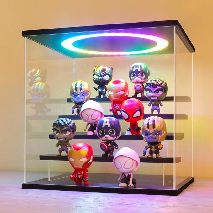 LANSCOERY Acrylic Display Case with RGBW Lights, 5 Tier Black | 11.8 x 11 x 11.8 in case displays small figures on desks or shelves with tiered rows and front access.