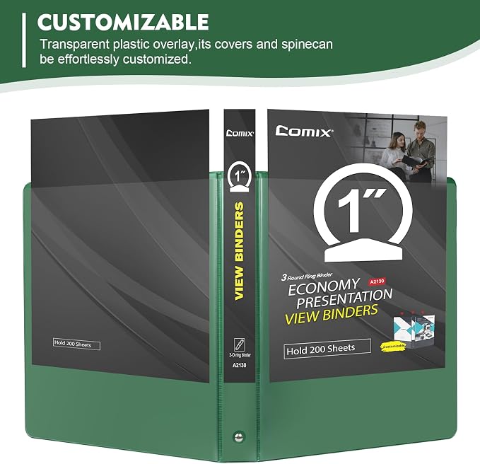 COMIX Sturdy 1 Inch 3 Ring Binder with Clear View Cover | 1"Heavy Duty Round Ring,PVC-Free Board,Holds 200 Letter Sheets,Wholesale for Offices & Classrooms,6 Pack (Green)