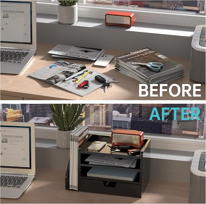 Multi-Tier Wood Desk File Organizer, 3 Tray Shelves & Adjustable Drawer - Space-Efficient Design for Efficient Office Setup, Reduces Desk Clutter (Black)