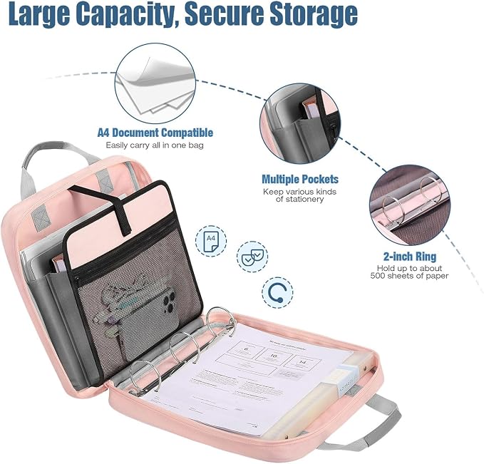MoKo Zipper Binder, 2-Inch 3 Ring Binder with Zipper, 500 Sheets Capacity Zipper Binders with Shoulder Strap & Handle, Multi-Pocket Zipper Bag Organizer for Work School, Pink & Gray