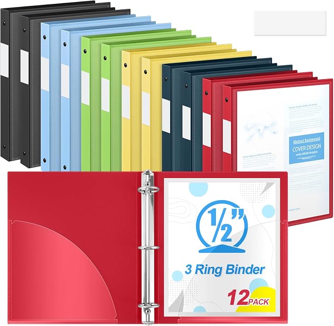 Henoyso 1/2 Inch 3 Ring Binders with Clear Front Cover and 2 Pockets, Round Ring Binders Fits 8.5'' x 11'' Letter Size Paper for School Office Supplies, 12 Pack (Assorted Color)