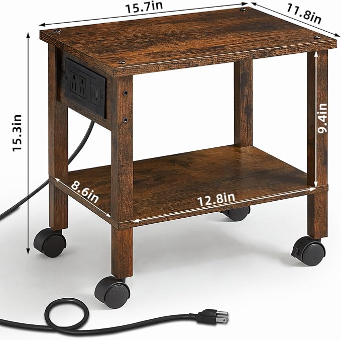 YUFAM 2 Tier Under Desk Printer Stand with Charging Station, Brown | Wooden Small Printer Table for Home Office, Rolling Printer Cart Shelf with Lockable Wheels