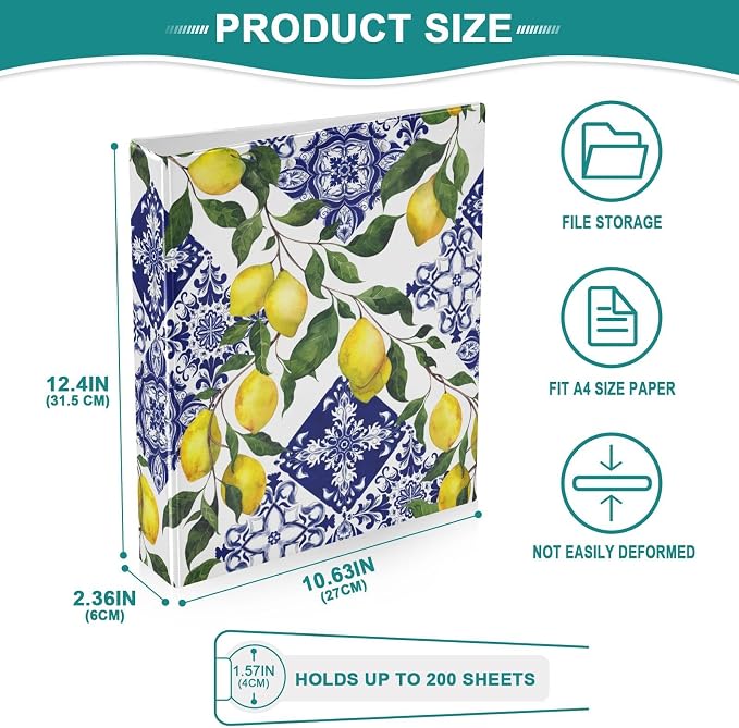 French Country Blue Tile Lemon Binder 1.5 Inch Binder with Clipboard&Pockets, Ethnic Lemons Hardcover Binders 3 Ring Heavy Duty Large File Folder for Office School Supplies - Holds 200 Sheets