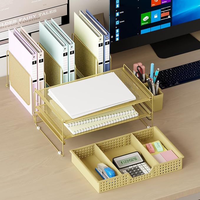 LEKETREE Gold Desk Organizer, Office Organization with Vertical File Holder, File Organizer with Drawer and Pen Holder, Desk Accessories and Workspace Organizers for Home Office (Gold)
