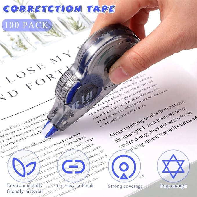 Chivao 100 Pack White Correction Tape, Classroom Correction Tape Wipe Out Easy to Use Applicator Translucent Dispenser Shows for School Office Note Journal, 0.2 Inch x 39.4 Feet