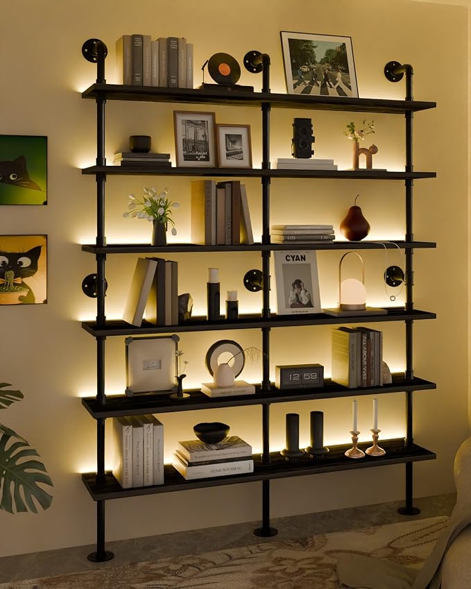 6-Tier LED Ladder Shelf, Wall Mounted Pipe Bookshelf, Black 60 Inch | Solid pine 6-tier wall mounted pipe bookshelf with warm LED lights, 70 lb shelves, for books, plants and decor