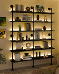 6-Tier LED Ladder Shelf, Wall Mounted Pipe Bookshelf, Black 60 Inch | Solid pine 6-tier wall mounted pipe bookshelf with warm LED lights, 70 lb shelves, for books, plants and decor