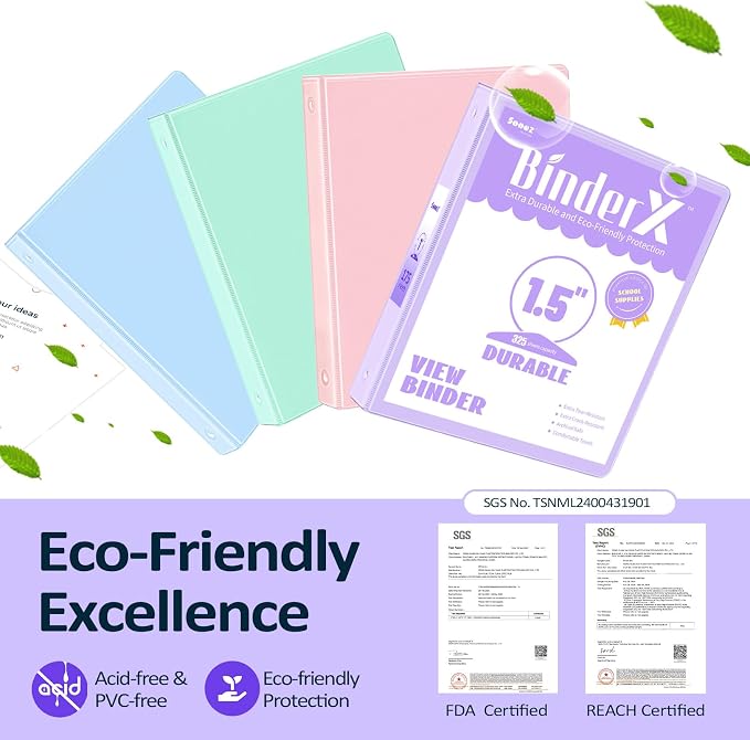 4 Pack 3 Ring Binders 1.5 Inch, Sooez Three Round Ring Binder with Pockets | Extra Durable, Eco-Friendly, PVC-Free, Reinforced Hinge, 1300-Sheet Capacity, Interior Pockets, Customizable, School, Office