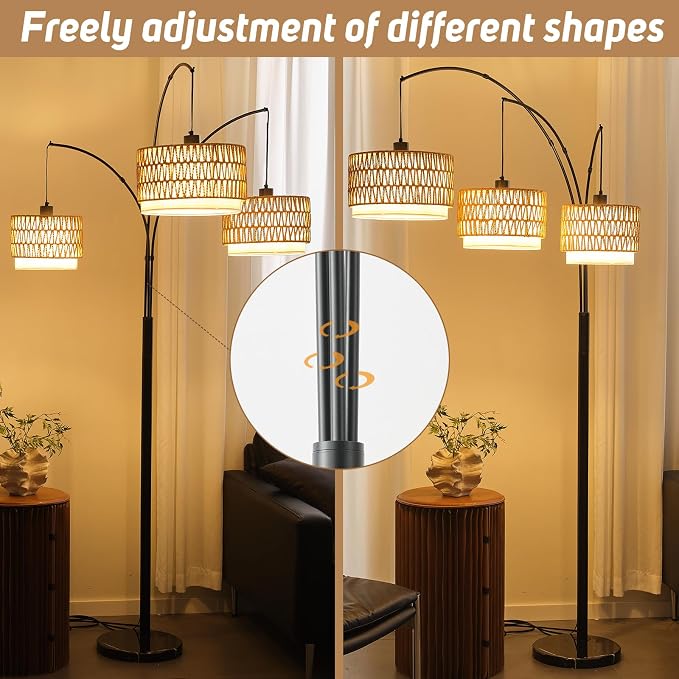80'' Rattan Arc Floor Lamp for Living Room, 3-Light Boho Tree Tall Lamp | Heavy Natural Marble Base, 1/2/3-Light Rotary Switch,Double-layer Wicker/Fabric Shades for Reading Corners,8 ft+ Ceilings
