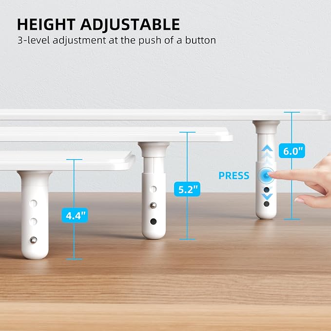 AFOOYO Dual Monitor Stand for Desk, Adjustable Height Wood Computer Riser, Ergonomic Monitor Shelf for Laptop, Printer, TV, Black - Large Storage Space, Sturdy Desk Organizer for Home & Office,White