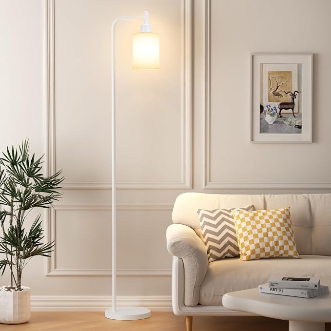 Ziisee Floor Lamps for Living Room - Industrial Standing Lamp with Glass Shade, Modern White Floor Lamp with LED Bulbs, Farmhouse Floor Lamp for Bedroom, Tall Lamp for Office - White