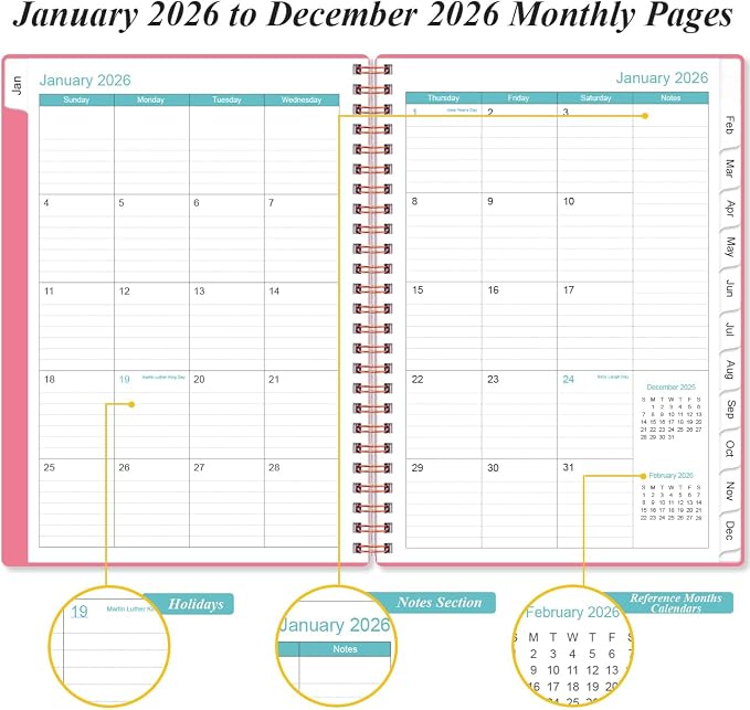 Daily Planner 2026 Full Page Per Day- 2026 Daily & Monthly Planner from January 2026 to December 2026, Day Planner 2026 with 12 Months Tabs, 6.4" x 8,5", Pink