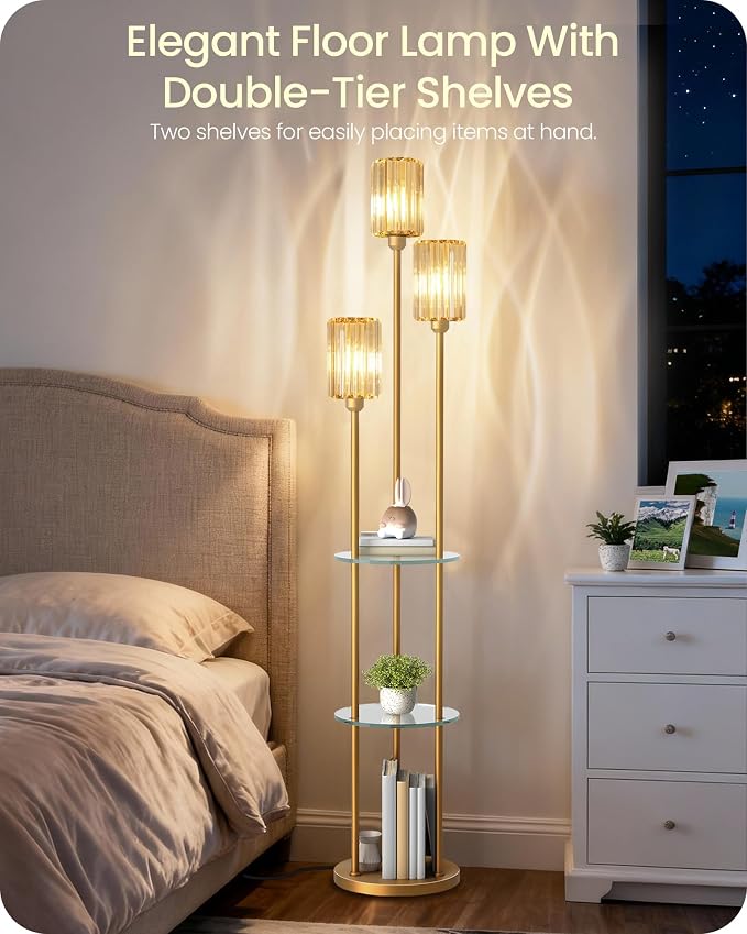 Gold Floor Lamp with Shelves, Modern Floor Lamp with 3 Crystal Shades and Foot Switch, 3-Light Standing Lamp with 3 Shelves, for Living Room, Bedroom, Study, Office, Gold D53LD05