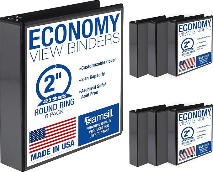Samsill 2 Inch 3 Ring Binders, Economy Round Ring, Clear View Cover, 425 Sheet Capacity - for School, Home, Office - Black, 6 Pack