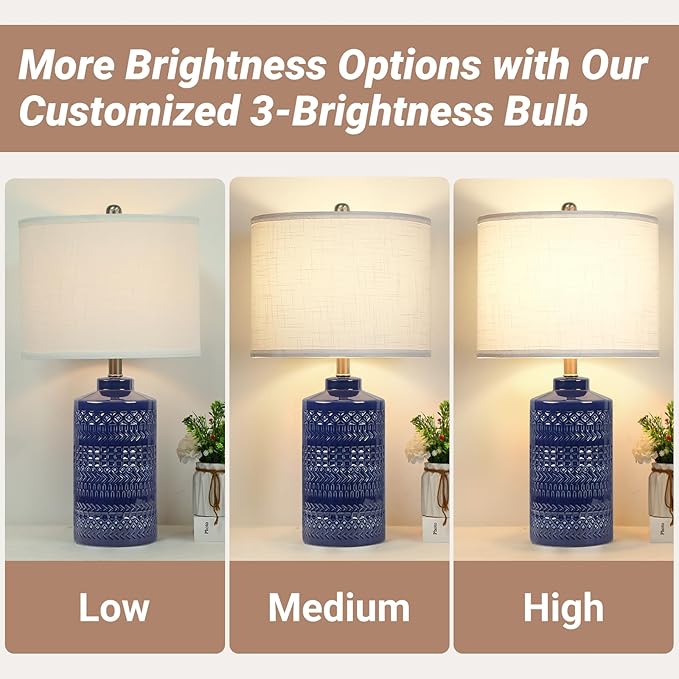 JUNNAI 24.5" Navy Blue Table Lamp Modern Bedside Ceramic Lamps for Living Room 3-Way Dimmable Entryway Nightstand Farmhouse Lamp for Home Office Bedroom, Bulb Included