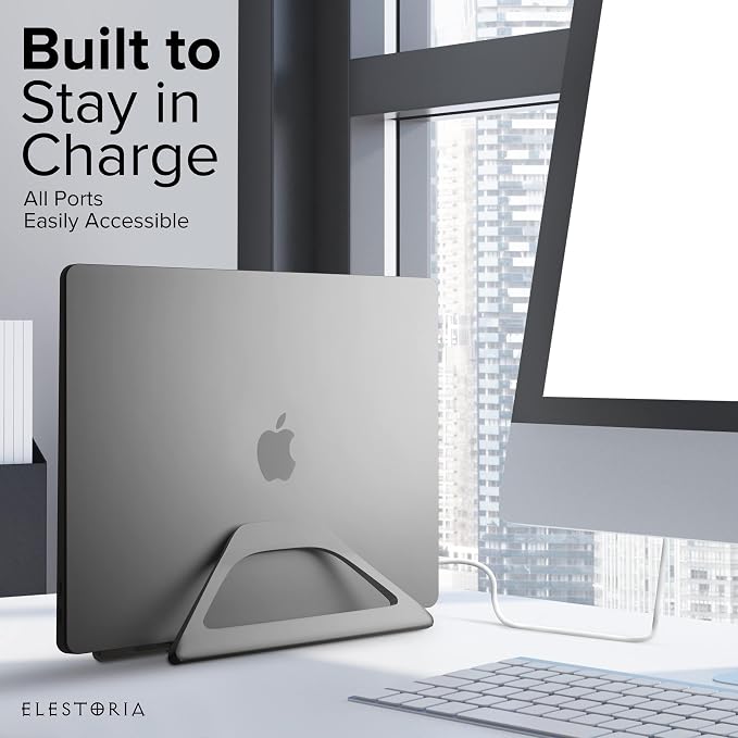 Aluminum Vertical Laptop Stand with Gravity Auto-Lock – Adjustable Laptop Holder Vertical fits MacBook Pro/Air, Chromebook & Gaming Laptops up to 17.3" – Space-Saving Desktop Dock - Grey