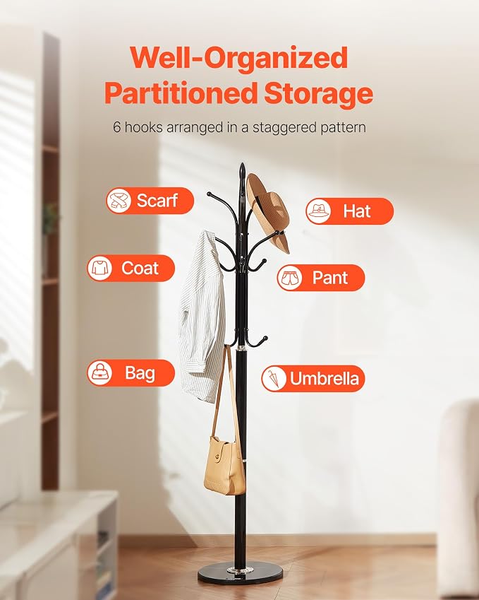 VEVOR Coat Rack Freestanding, Coats Tree Stand with Stable Marble Base & 6 Hooks, Free Standing Hall Coat Rack for Entryway, Bedroom, Office, Living Room, Modern Clothes Hanger for Coats, Hats, Bags