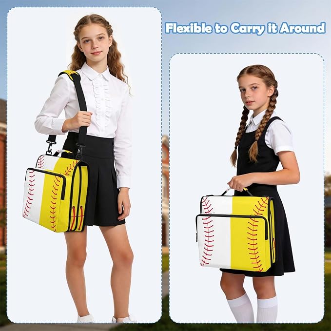 Baseball Softball Zipper Binder File Organizer Bag 3 D-Ring | with Shoulder Strap, Holds 500 Sheets & 14in Laptop, 3 Ring Binder for Office Supplies