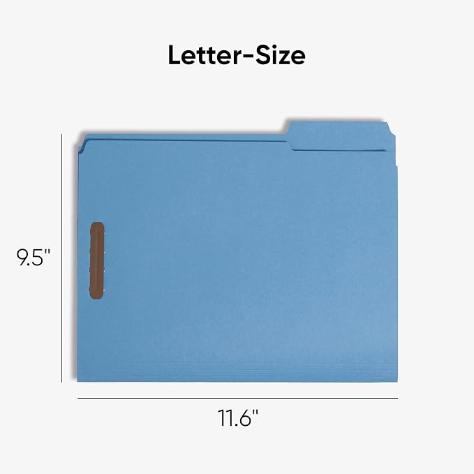 Smead Fastener File Folders, Reinforced 1/3-Cut Tabs, 2 Fasteners, Letter Size, Blue, 50 per Box (12040)
