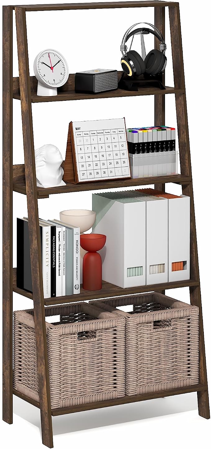 Furinno Ladder 5-Tier Book Shelf, Leaning Standing Shelf, Amber Pine | 13 x 23.6 x 53.5, Open Frame Design Bookshelf, Display Storage Shelves, for Living Room, Home Office