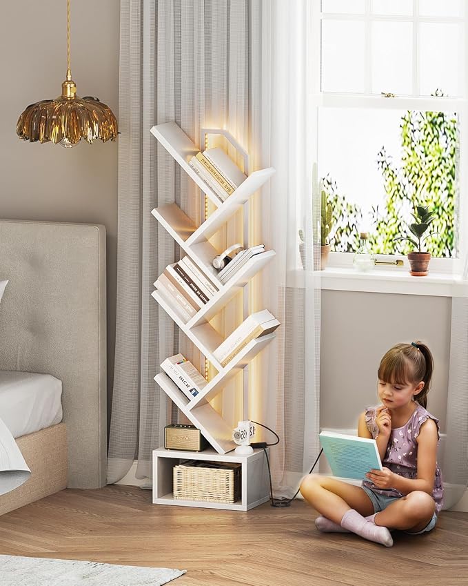 Casaottima Tree Bookshelf with LED Lights, 6-Tier Small Bookshelf, White | Narrow Bookcase for Small Spaces, Steel & Wood Storage Shelf with Cabinet, Home Organizer for Living Room, Bedroom, Office