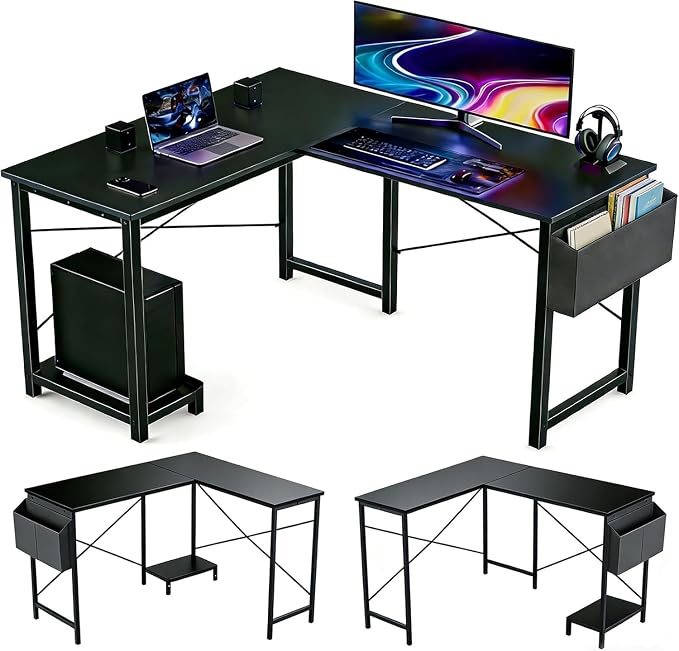 L Shaped Desk, 50 Inch Reversible Computer Desk Corner Gaming Table with CPU Stand & Storage Bag, Sturdy Metal Frame PC Workstation for Home Office, Black Wood | Storage Bag, Black Corner Gaming Table, Sturdy Metal Frame, PC Workstation for Home Office