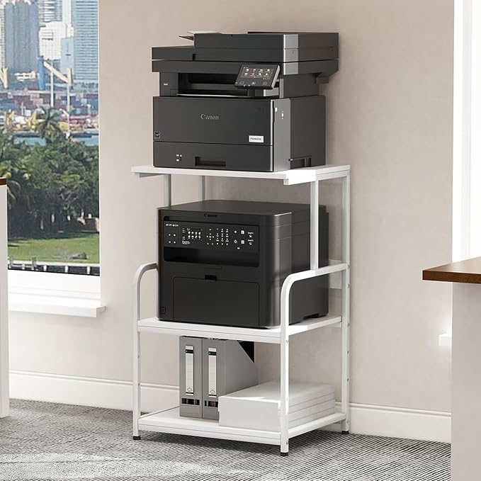 Arbuxzuy Printer Stand with Storage Shelf,3 Tier Printer Cart with Wheels,Mobile Printer Table for Home Office,Stands for Printer Heat Press Scanner Fax,Industrial Style (White)