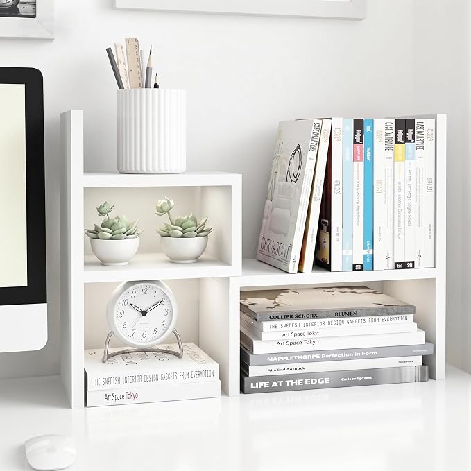 Jerry & Maggie - Desktop Organizer Office Storage Rack Adjustable Wood Display Shelf | Birthday Gifts - Toy - Home Decor | - Free Style Rotation Display - True Natural Stand Shelf (White) | Wooden Desk Organizer, Cute Dorm & Cubicle Decor. Stores Makeu...