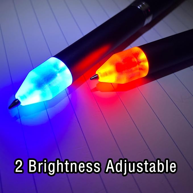 Penyeah Lighted Tip Pen, LED Light Pen for Writing In The Dark, 2-Brightness Adjustable AAA Battery Powered Heavy Pens Fancy Gift Pen Set - White Light/Blue Light