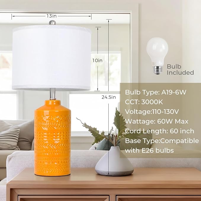 JUNNAI 25" Modern Orange Ceramic Table Lamp for Living Room Nightstand 3-Way Dimmable Farmhouse Lamp for Bedroom Bedside Entryway Tabletop Office with White Slub Fabric Lampshade (Bulb Included)