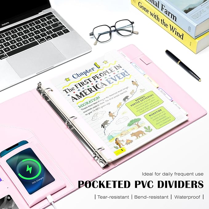 Ospelelf Leather 3 Ring Binder for Letter Size Documents with PVC Pocketed Dividers, 1 Inch Round Rings, Holds 175 Sheets, Binders with Storage Bag & Notepad, for Office School Home Organization, pink